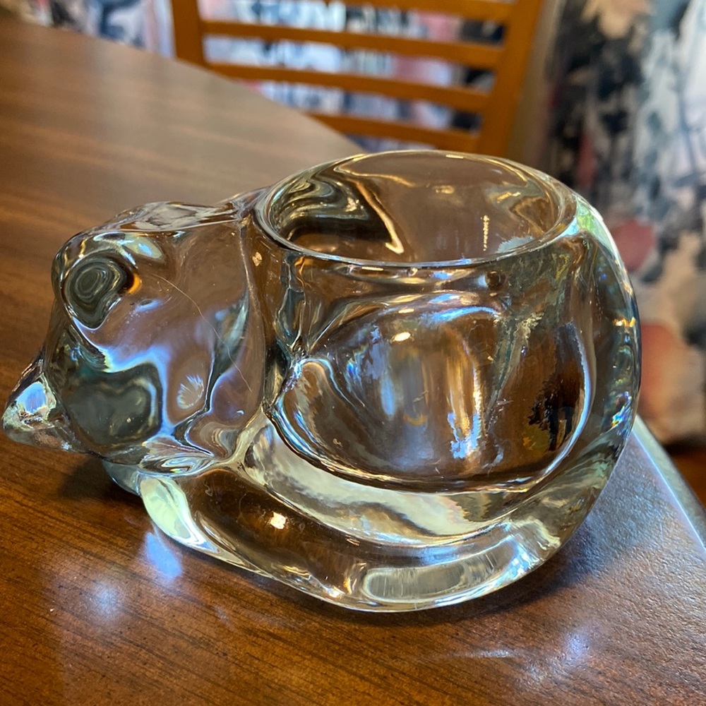 INDIANA GLASS HEAVY CRYSTAL SLEEPING CAT VOTIVE CANDLE HOLDER